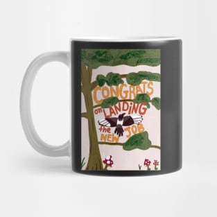 Congrats on Landing the New Job with flying magpie jackdaw raven bird and fly agaric mushrooms - green, yellow Mug